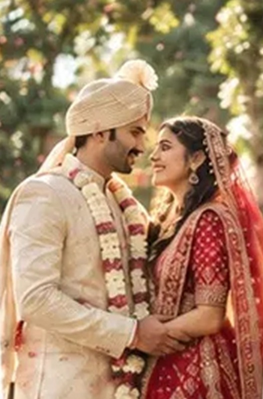 Couple in wedding outfits embracing in a garden